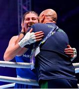 2 July 2023; Aoife O'Rourke of Ireland with her coach Damien Kennedy after winning her Women's 75kg Final bout against Davina-Myhra Michel of France at the Nowy Targ Arena during the European Games 2023 in Krakow, Poland. Photo by David Fitzgerald/Sportsfile