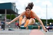 2 July 2023; Laura Frawley of Nenagh Olympic AC, Tipperary, competing in the Women's U20 Long Jump event during the 123.ie Junior & U23 Track and Field Championships at Tullamore in Offaly. Photo by Ben McShane/Sportsfile