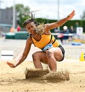 2 July 2023; Okwu Backari of Leevale AC, Cork, competing in the Women's U20 Long Jump event during the 123.ie Junior & U23 Track and Field Championships at Tullamore in Offaly. Photo by Ben McShane/Sportsfile