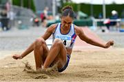 2 July 2023; Elizabeth Ndudi of Dundrum South Dublin AC, Dublin, competing in the Women's U20 Long Jump event during the 123.ie Junior & U23 Track and Field Championships at Tullamore in Offaly. Photo by Ben McShane/Sportsfile