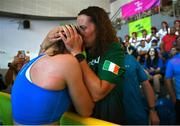 2 July 2023; Amy Wall of Ireland, celebrates with her mother Lindsay Wall, after her victory over Mariell Straume of Norway in their Women's Full Contact 60kg Final bout at the Myslenice Arena during the European Games 2023 in Krakow, Poland. Photo by Tyler Miller/Sportsfile