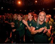 28 June 2023; Primary Partners of the Republic of Ireland Women’s National Team, Sky Ireland, celebrated the WNT ahead of the World Cup with an unforgettable night in The Round Room at the Mansion House in Dublin. Pictured is Republic of Ireland's Lily Agg and team-mates. Photo by Stephen McCarthy/Sportsfile