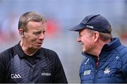 2 July 2023; Referee Joe McQuillan with Cork manager John Cleary before the GAA Football All-Ireland Senior Championship quarter-final match between Derry and Cork at Croke Park in Dublin. Photo by Piaras Ó Mídheach/Sportsfile