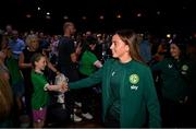 28 June 2023; Primary Partners of the Republic of Ireland Women’s National Team, Sky Ireland, celebrated the WNT ahead of the World Cup with an unforgettable night in The Round Room at the Mansion House in Dublin. Pictured is Republic of Ireland's Abbie Larkin and supporter Emily Corcoran. Photo by Stephen McCarthy/Sportsfile