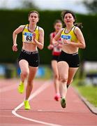 2 July 2023;  Lucy O Flynn of Bandon AC, Cork, left, and Ella Collins of Bandon AC, Cork, competing in the Women's U20 1500m event during the 123.ie Junior & U23 Track and Field Championships at Tullamore in Offaly. Photo by Ben McShane/Sportsfile