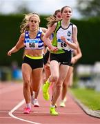 2 July 2023; Clodagh Gill of Moy Valley AC, Mayo, right, competing in the Women's U20 1500m event during the 123.ie Junior & U23 Track and Field Championships at Tullamore in Offaly. Photo by Ben McShane/Sportsfile