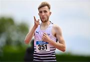 2 July 2023; Nick Griggs of CNDR Track AC, Antrim, celebrates after winning the Men's U20 1500m event during the 123.ie Junior & U23 Track and Field Championships at Tullamore in Offaly. Photo by Ben McShane/Sportsfile