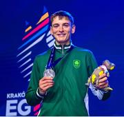 2 July 2023; Conor McGlinchey of Ireland with his silver medal after his bout against Sandro Peters of Germany in the Men's Point Fighting 84kg Final at the Myslenice Arena during the European Games 2023 in Krakow, Poland. Photo by Tyler Miller/Sportsfile