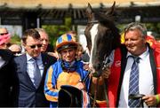2 July 2023; Jockey Ryan Moore and trainer Aidan O'Brien, left, after winning the Dubai Duty Free Irish Derby with Auguste Rodin during day three of the Dubai Duty Free Irish Derby Festival at Curragh Racecourse in Kildare. Photo by Matt Browne/Sportsfile
