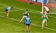 2 July 2023; The ball hits the Mayo goalpost after a goal chance by Niall Scully of Dublin during the GAA Football All-Ireland Senior Championship quarter-final match between Dublin and Mayo at Croke Park in Dublin. Photo by Brendan Moran/Sportsfile