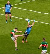 2 July 2023; Diarmuid O’Connor of Mayo has a shot blocked and deflected for a 45 by Brian Howard of Dublin during the GAA Football All-Ireland Senior Championship quarter-final match between Dublin and Mayo at Croke Park in Dublin. Photo by Brendan Moran/Sportsfile
