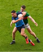 2 July 2023; Niall Scully of Dublin is tackled by Diarmuid O’Connor of Mayo during the GAA Football All-Ireland Senior Championship quarter-final match between Dublin and Mayo at Croke Park in Dublin. Photo by Brendan Moran/Sportsfile
