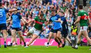 2 July 2023; Jordan Flynn of Mayo shoots past Brian Howard of Dublin only to have his goal disallowed, for an earlier infringement, during the GAA Football All-Ireland Senior Championship quarter-final match between Dublin and Mayo at Croke Park in Dublin. Photo by Ray McManus/Sportsfile