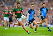 2 July 2023; Jordan Flynn of Mayo in action against Michael Fitzsimons of Dublin during the GAA Football All-Ireland Senior Championship quarter-final match between Dublin and Mayo at Croke Park in Dublin. Photo by Ray McManus/Sportsfile