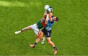 2 July 2023; Jack Carney of Mayo and Brian Howard of Dublin contest a kickout during the GAA Football All-Ireland Senior Championship quarter-final match between Dublin and Mayo at Croke Park in Dublin. Photo by Brendan Moran/Sportsfile