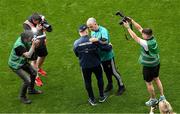 2 July 2023; Mayo manager Kevin McStay shakes hands and has a word with Dublin manager Dessie Farrell after the final whistle of the GAA Football All-Ireland Senior Championship quarter-final match between Dublin and Mayo at Croke Park in Dublin. Photo by Brendan Moran/Sportsfile