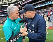 2 July 2023; Mayo manager Kevin McStay with Dublin manager Dessie Farrell after the GAA Football All-Ireland Senior Championship quarter-final match between Dublin and Mayo at Croke Park in Dublin. Photo by Piaras Ó Mídheach/Sportsfile