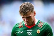 2 July 2023; Jordan Flynn of Mayo after his side's defeat in the GAA Football All-Ireland Senior Championship quarter-final match between Dublin and Mayo at Croke Park in Dublin. Photo by Piaras Ó Mídheach/Sportsfile