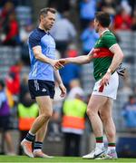 2 July 2023; Paddy Durcan of Mayo congratulates Dean Rock of Dublin after the GAA Football All-Ireland Senior Championship quarter-final match between Dublin and Mayo at Croke Park in Dublin. Photo by Ray McManus/Sportsfile
