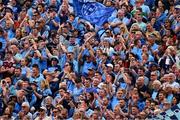 2 July 2023; Dublin supporters, on Hill 16, celebrate their team's 17th point during the GAA Football All-Ireland Senior Championship quarter-final match between Dublin and Mayo at Croke Park in Dublin. Photo by Ray McManus/Sportsfile