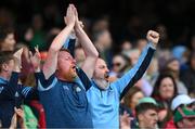 2 July 2023; Dublin supporters, in the Cusack Stand, celebrate a late score during the GAA Football All-Ireland Senior Championship quarter-final match between Dublin and Mayo at Croke Park in Dublin. Photo by Ray McManus/Sportsfile