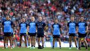 2 July 2023; Dublin players, from left, Brian Howard, Niall Scully, Con O'Callaghan, Stephen Cluxton, Eoin Murchan, Seán Bugler and Lee Gannon during the National Anthem before the GAA Football All-Ireland Senior Championship quarter-final match between Dublin and Mayo at Croke Park in Dublin. Photo by John Sheridan/Sportsfile