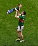2 July 2023; Kevin McLoughlin of Mayo enjoys some time on the pitch with his daughter Saorla after the GAA Football All-Ireland Senior Championship quarter-final match between Dublin and Mayo at Croke Park in Dublin. Photo by Brendan Moran/Sportsfile