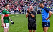 2 July 2023; Referee David Gough with team captains Paddy Durcan of Mayo and James McCarthy of Dublin for the coin toss before the GAA Football All-Ireland Senior Championship quarter-final match between Dublin and Mayo at Croke Park in Dublin. Photo by Piaras Ó Mídheach/Sportsfile