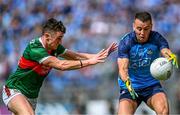 2 July 2023; Cormac Costello of Dublin in action against Jack Coyne of Mayo during the GAA Football All-Ireland Senior Championship quarter-final match between Dublin and Mayo at Croke Park in Dublin. Photo by Piaras Ó Mídheach/Sportsfile