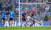 2 July 2023; Jordan Flynn of Mayo shoots to score a goal that wasn't allowed during the GAA Football All-Ireland Senior Championship quarter-final match between Dublin and Mayo at Croke Park in Dublin. Photo by Piaras Ó Mídheach/Sportsfile
