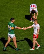 1 July 2023; David Clifford of Kerry shakes hands with Peter Harte of Tyrone after the GAA Football All-Ireland Senior Championship quarter-final match between Kerry and Tyrone at Croke Park in Dublin. Photo by Brendan Moran/Sportsfile