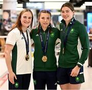 3 July 2023; Gold medalists, from left, Kellie Harrington, Amy Wall and Aoife O'Rourke pictured at Dublin Airport on Team Ireland's return from the European Games 2023 in Krakow, Poland. This evening Team Ireland athletes arrived back in Dublin Airport after a hugely successful European Games, bringing home a haul of 13 medals across boxing, kickboxing, athletics, rugby and taekwondo. The Krakow Games served as an Olympic qualifying event for several sports, with athletes in rugby and boxing securing a spot in next year’s Olympic Games. The number of Team Ireland athletes set to compete in Paris 2024 now sits at 37. Photo by Ramsey Cardy/Sportsfile