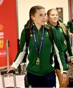 3 July 2023; Kickboxing 60kg gold medalist Amy Wall with her gold medal pictured at Dublin Airport on Team Ireland's return from the European Games 2023 in Krakow, Poland. This evening Team Ireland athletes arrived back in Dublin Airport after a hugely successful European Games, bringing home a haul of 13 medals across boxing, kickboxing, athletics, rugby and taekwondo. The Krakow Games served as an Olympic qualifying event for several sports, with athletes in rugby and boxing securing a spot in next year’s Olympic Games. The number of Team Ireland athletes set to compete in Paris 2024 now sits at 37. Photo by Ramsey Cardy/Sportsfile