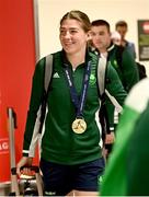 3 July 2023; 75kg boxing gold medalist Aoife O'Rourke pictured at Dublin Airport on Team Ireland's return from the European Games 2023 in Krakow, Poland. This evening Team Ireland athletes arrived back in Dublin Airport after a hugely successful European Games, bringing home a haul of 13 medals across boxing, kickboxing, athletics, rugby and taekwondo. The Krakow Games served as an Olympic qualifying event for several sports, with athletes in rugby and boxing securing a spot in next year’s Olympic Games. The number of Team Ireland athletes set to compete in Paris 2024 now sits at 37. Photo by Ramsey Cardy/Sportsfile