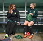 3 July 2023; Goalkeeper Grace Moloney, left, and Diane Caldwell during a Republic of Ireland women training session at the FAI National Training Centre in Abbotstown, Dublin. Photo by Stephen McCarthy/Sportsfile