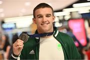 3 July 2023; 92kg boxing silver medalist Jack Marley pictured at Dublin Airport on Team Ireland's return from the European Games 2023 in Krakow, Poland. This evening Team Ireland athletes arrived back in Dublin Airport after a hugely successful European Games, bringing home a haul of 13 medals across boxing, kickboxing, athletics, rugby and taekwondo. The Krakow Games served as an Olympic qualifying event for several sports, with athletes in rugby and boxing securing a spot in next year’s Olympic Games. The number of Team Ireland athletes set to compete in Paris 2024 now sits at 37. Photo by Ramsey Cardy/Sportsfile