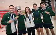 3 July 2023; Boxing medalists, from left to right, Jack Marley, Michaela Walsh, Kellie Harrington, Aoife O’Rourke and Dean Clancy, pictured at Dublin Airport on Team Ireland's return from the European Games 2023 in Krakow, Poland. This evening Team Ireland athletes arrived back in Dublin Airport after a hugely successful European Games, bringing home a haul of 13 medals across boxing, kickboxing, athletics, rugby and taekwondo. The Krakow Games served as an Olympic qualifying event for several sports, with athletes in rugby and boxing securing a spot in next year’s Olympic Games. The number of Team Ireland athletes set to compete in Paris 2024 now sits at 37. Photo by Ramsey Cardy/Sportsfile