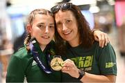 3 July 2023; Kickboxing 60kg gold medalist Amy Wall, with her mum Lindsay, pictured at Dublin Airport on Team Ireland's return from the European Games 2023 in Krakow, Poland. This evening Team Ireland athletes arrived back in Dublin Airport after a hugely successful European Games, bringing home a haul of 13 medals across boxing, kickboxing, athletics, rugby and taekwondo. The Krakow Games served as an Olympic qualifying event for several sports, with athletes in rugby and boxing securing a spot in next year’s Olympic Games. The number of Team Ireland athletes set to compete in Paris 2024 now sits at 37. Photo by Ramsey Cardy/Sportsfile