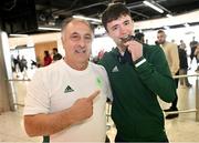 3 July 2023; Boxing head coach Zaur Antia with 63.5kg boxing bronze medalist Dean Clancy pictured at Dublin Airport on Team Ireland's return from the European Games 2023 in Krakow, Poland. This evening Team Ireland athletes arrived back in Dublin Airport after a hugely successful European Games, bringing home a haul of 13 medals across boxing, kickboxing, athletics, rugby and taekwondo. The Krakow Games served as an Olympic qualifying event for several sports, with athletes in rugby and boxing securing a spot in next year’s Olympic Games. The number of Team Ireland athletes set to compete in Paris 2024 now sits at 37. Photo by Ramsey Cardy/Sportsfile