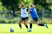 3 July 2023; Jamie Finn and Harriet Scott, right, during a Republic of Ireland women training session at the FAI National Training Centre in Abbotstown, Dublin. Photo by Stephen McCarthy/Sportsfile