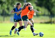 3 July 2023; Megan Connolly and Harriet Scott, left, during a Republic of Ireland women training session at the FAI National Training Centre in Abbotstown, Dublin. Photo by Stephen McCarthy/Sportsfile
