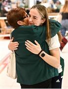 3 July 2023; 60kg boxing gold medalist Kellie Harrington is congratualted by Anna Moore of IABA at Dublin Airport on Team Ireland's return from the European Games 2023 in Krakow, Poland. This evening Team Ireland athletes arrived back in Dublin Airport after a hugely successful European Games, bringing home a haul of 13 medals across boxing, kickboxing, athletics, rugby and taekwondo. The Krakow Games served as an Olympic qualifying event for several sports, with athletes in rugby and boxing securing a spot in next year’s Olympic Games. The number of Team Ireland athletes set to compete in Paris 2024 now sits at 37. Photo by Ramsey Cardy/Sportsfile