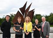 4 July 2023; PwC GAA/GPA Player of the Month for June, Galway hurler Conor Whelan and PwC GPA Player of the Month for May, Galway ladies football player Nicola Ward with their awards and, from left, GPA Player Welfare and Engagement Manager Colm Begley, PwC Tax Partner Mairead Connelly and Connacht GAA chairperson John Murphy at Eyre Square in Galway. Photo by Harry Murphy/Sportsfile