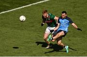 2 July 2023; Colm Basquel of Dublin in action against David McBrien of Mayo during the GAA Football All-Ireland Senior Championship quarter-final match between Dublin and Mayo at Croke Park in Dublin. Photo by Brendan Moran/Sportsfile