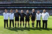 1 July 2023; Referee Brendan Cawley with his match officials before the GAA Football All-Ireland Senior Championship quarter-final match between Kerry and Tyrone at Croke Park in Dublin. Photo by Piaras Ó Mídheach/Sportsfile