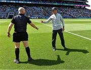 1 July 2023; Kerry manager Jack O'Connor with referee Brendan Cawley before the GAA Football All-Ireland Senior Championship quarter-final match between Kerry and Tyrone at Croke Park in Dublin. Photo by Piaras Ó Mídheach/Sportsfile