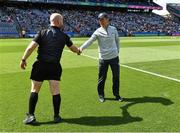 1 July 2023; Kerry manager Jack O'Connor shakes hands with referee Brendan Cawley before the GAA Football All-Ireland Senior Championship quarter-final match between Kerry and Tyrone at Croke Park in Dublin. Photo by Piaras Ó Mídheach/Sportsfile