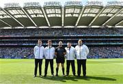 1 July 2023; Referee Brendan Cawley with his match officials before the GAA Football All-Ireland Senior Championship quarter-final match between Kerry and Tyrone at Croke Park in Dublin. Photo by Piaras Ó Mídheach/Sportsfile