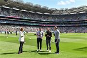 1 July 2023; GAAGO presenter Gráinne McElwain with analysts, from left, Marc Ó Sé, Paddy Andrews and Michael Murphy before the GAA Football All-Ireland Senior Championship quarter-final match between Kerry and Tyrone at Croke Park in Dublin. Photo by Piaras Ó Mídheach/Sportsfile