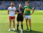 1 July 2023; Referee Brendan Cawley with team captains Pádraig Hampsey of Tyrone and David Clifford of Kerry before the GAA Football All-Ireland Senior Championship quarter-final match between Kerry and Tyrone at Croke Park in Dublin. Photo by Piaras Ó Mídheach/Sportsfile